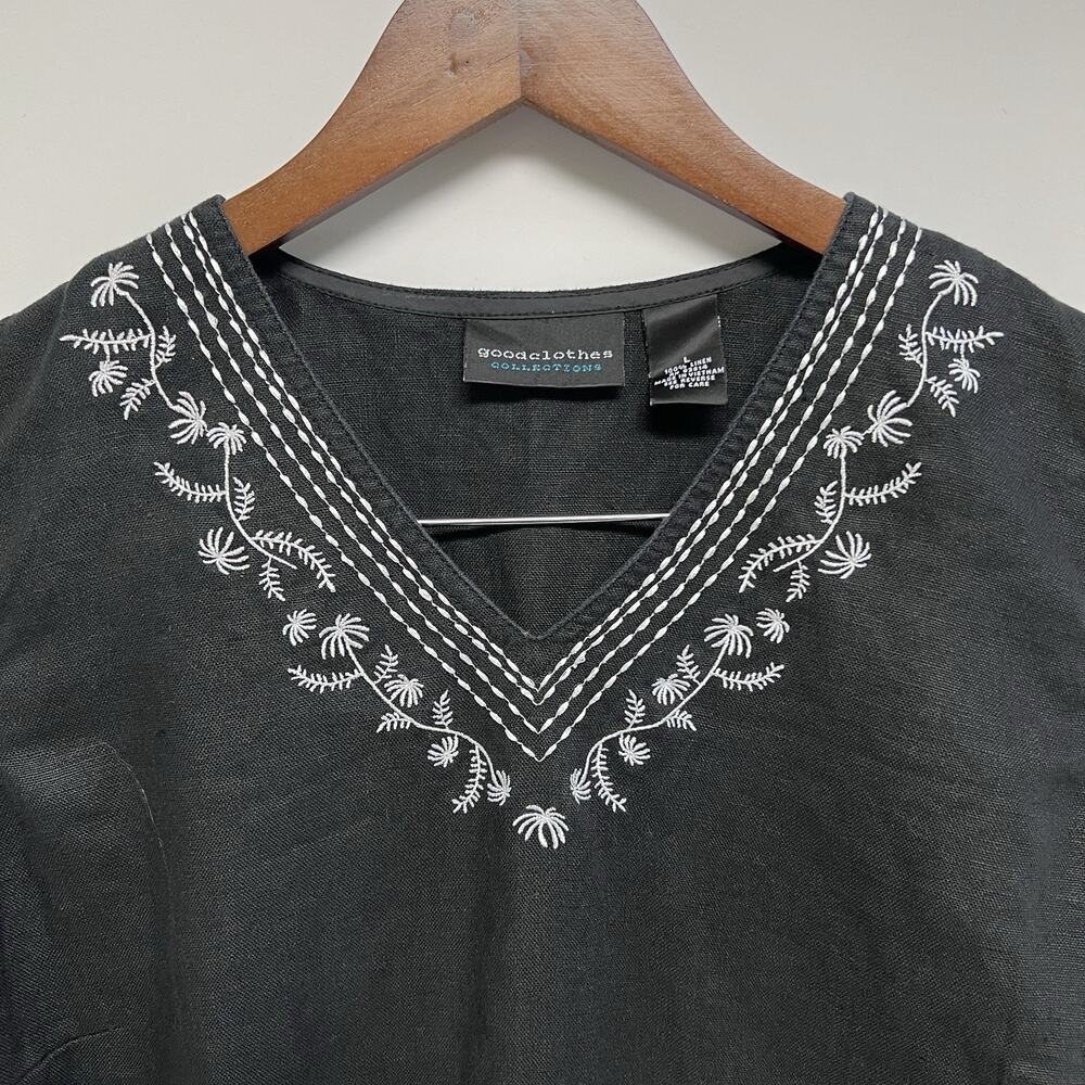 Black 100% Linen White Embroidery Sleeveless Top Medium Boho Lagenlook Timeless - Picture 2 of 11